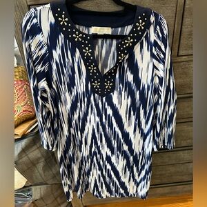 Sz M. NWOT. Michael Kors navy and white dress with gold embellishments.